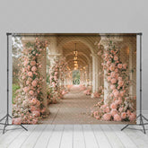 Aperturee Aperturee Romantic Hallway Photography Backdrop Pink Floral Columns at a Palace Elegant Wedding Aisle or Reception Decor